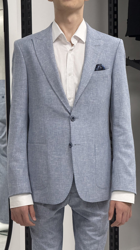 Açık Mavi %100 Keten Sivri Yaka Slim Fit 2'li Takım Elbise (Ceket + Pantolon)