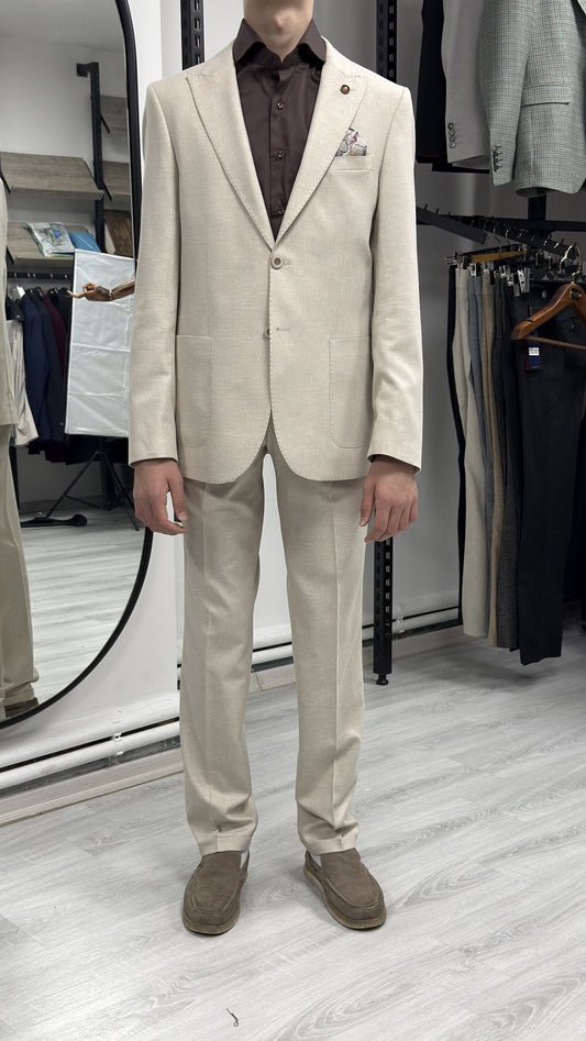 Bej %100 Keten Sivri Yaka Slim Fit 2'li Takım Elbise (Ceket + Pantolon)