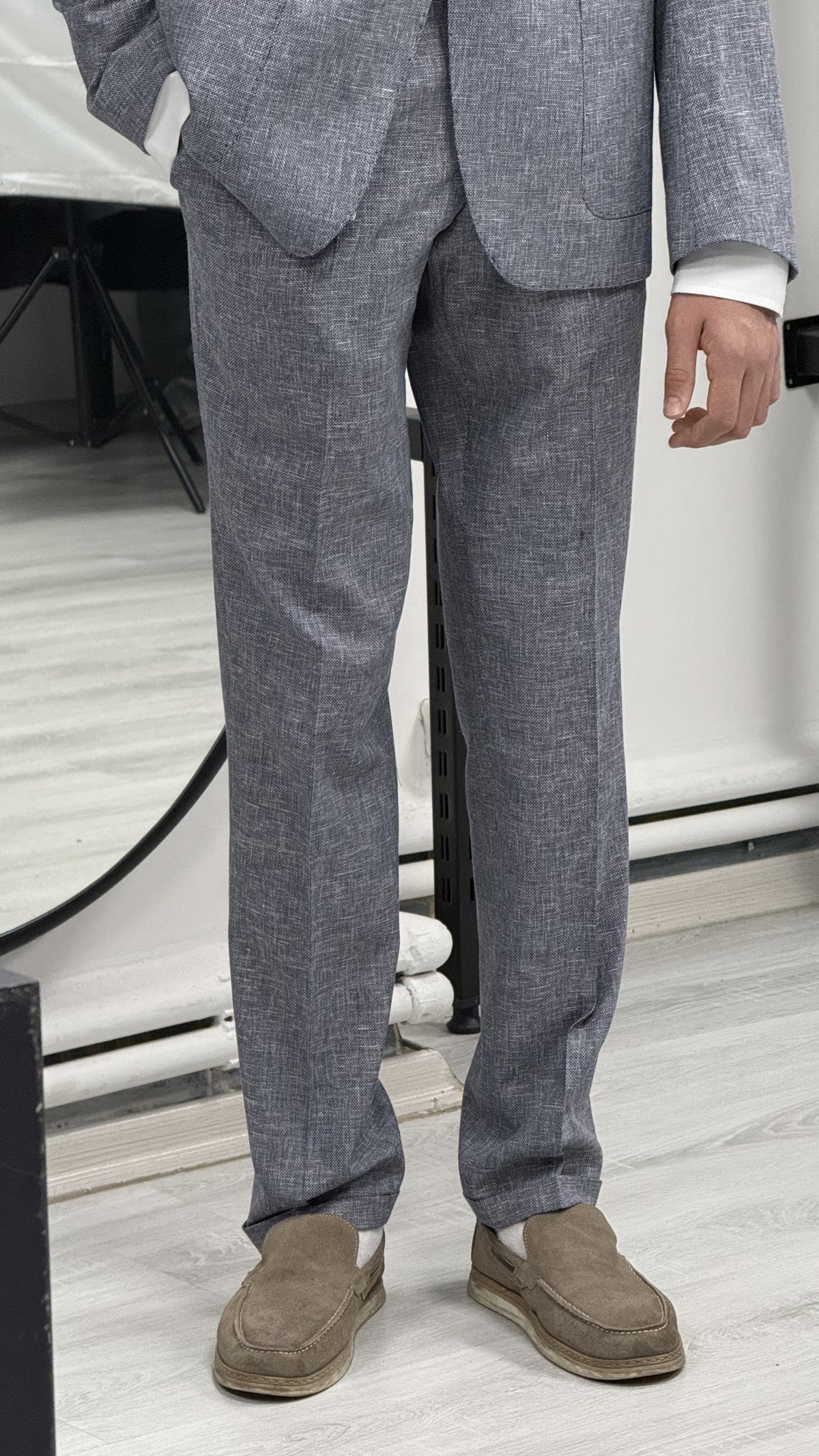 Gri %100 Keten Sivri Yaka Slim Fit 2'li Takım Elbise (Ceket + Pantolon)
