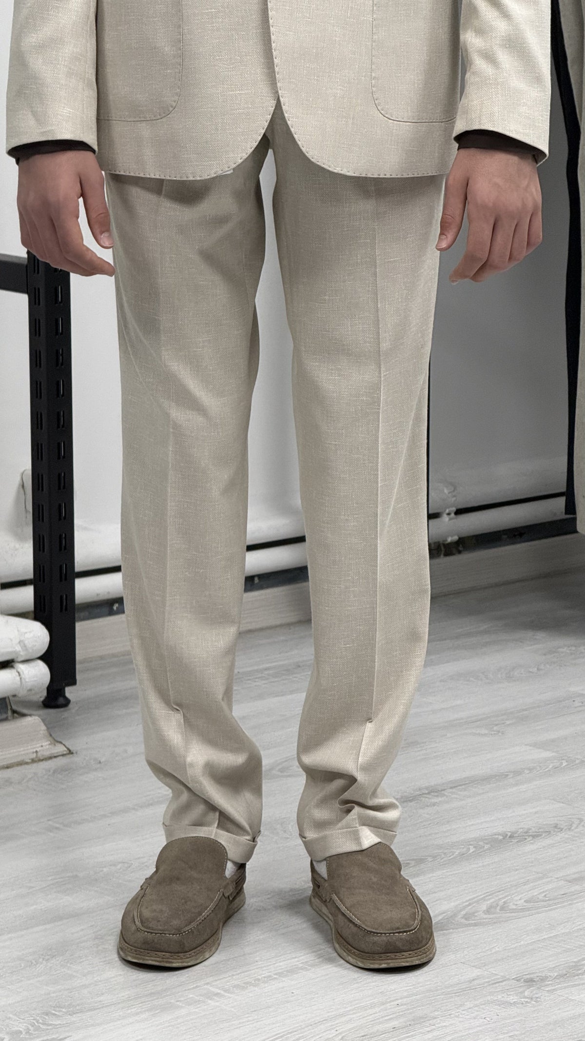 Bej %100 Keten Sivri Yaka Slim Fit 2'li Takım Elbise (Ceket + Pantolon)
