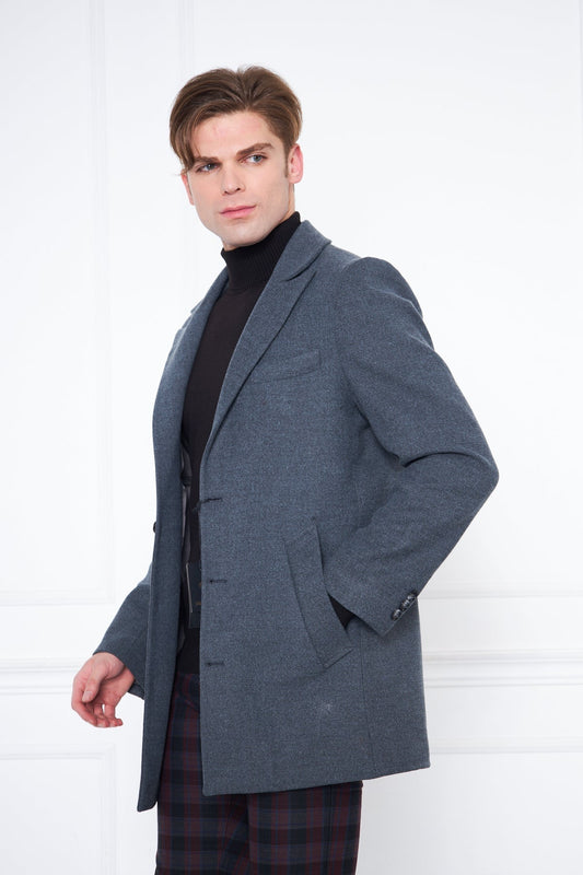 Erkek Antrasit Slim Fit Sivri Yaka Düğmeli Kaban