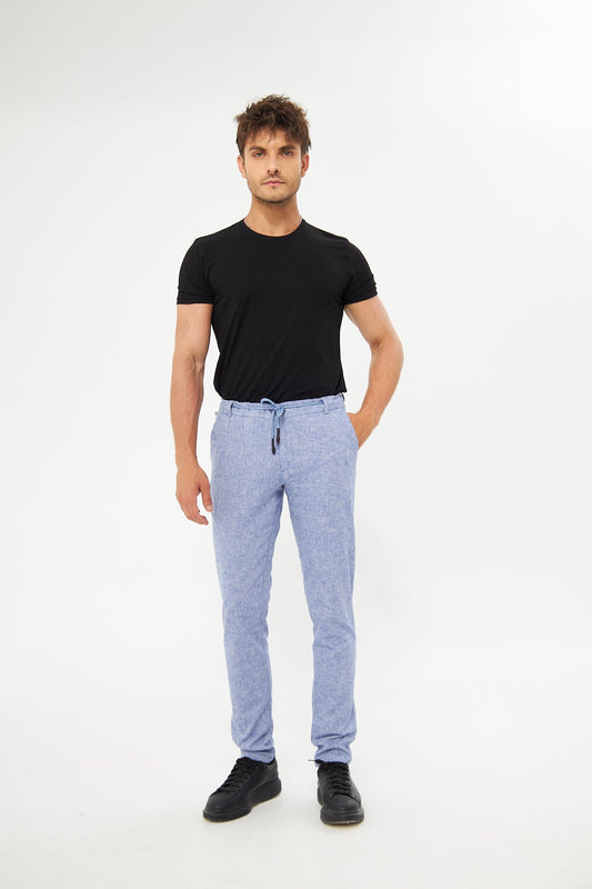 %100 Keten Beli Lastikli Koyu Lacivert Pantolon