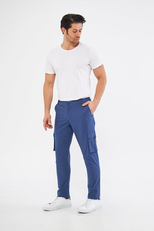 Erkek Kargo Cepli Açık Lacivert Slim Fit Günlük Rahat Pantolon