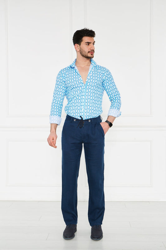 Erkek Lastikli Regular Fit %100 Keten Keten Açık Lacivert Pantolon