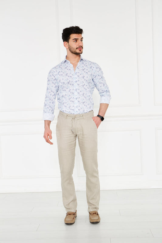 Erkek Lastikli Regular Fit %100 Keten Keten Koyu Bej Pantolon