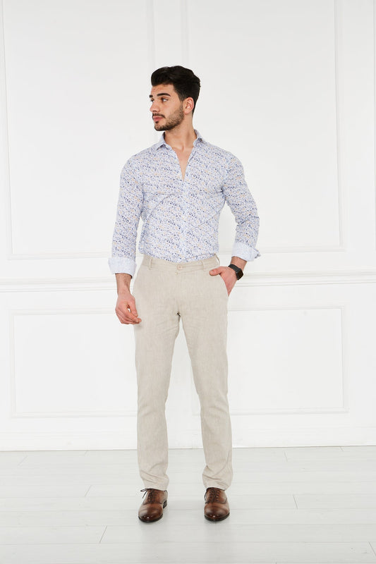 Erkek Lastikli Regular Fit %100 Keten Keten Açık Bej Pantolon