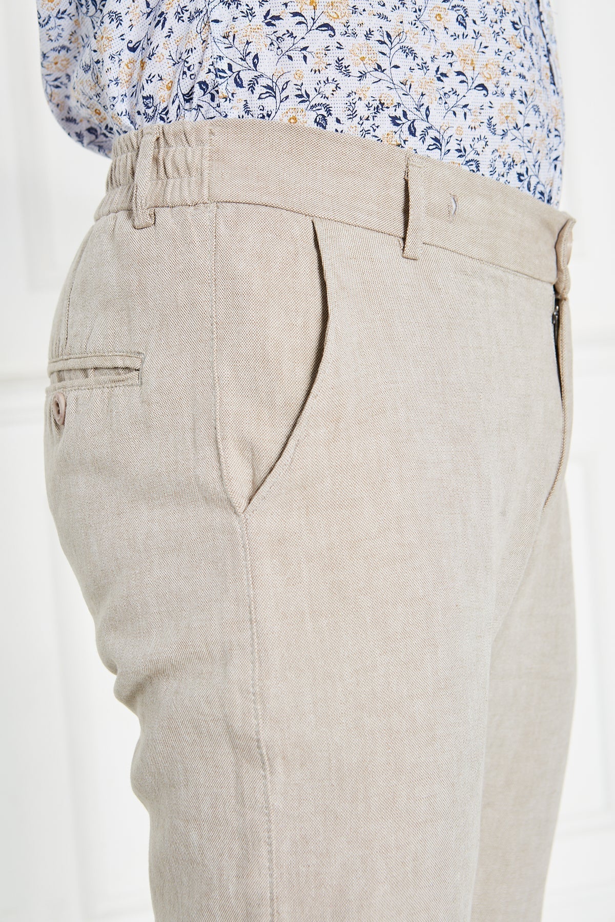 Erkek Lastikli Regular Fit %100 Keten Keten Açık Bej Pantolon