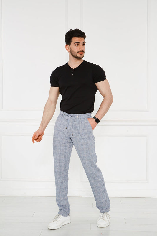 Erkek Lacivert Kareli Lastikli %100 Keten Pantolon