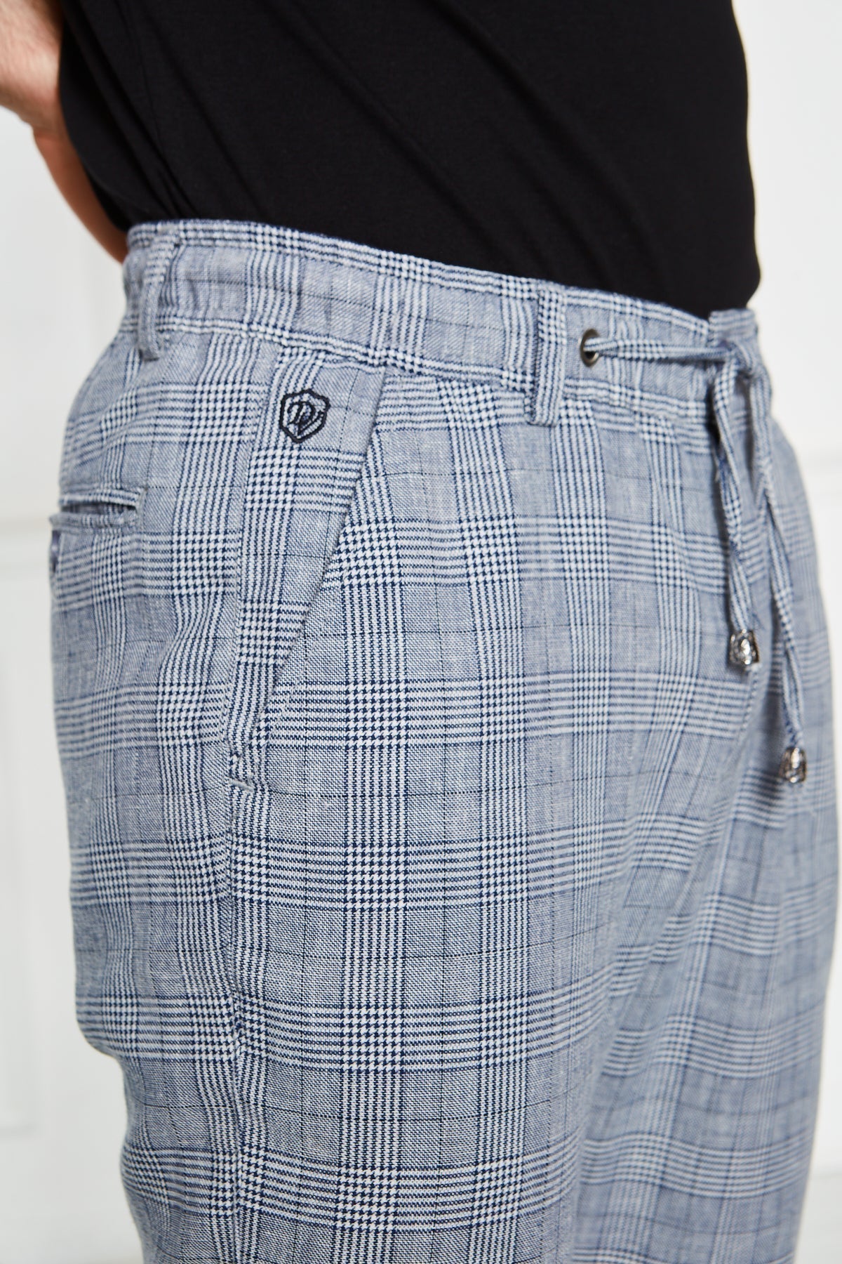 Erkek Lacivert Kareli Lastikli %100 Keten Pantolon