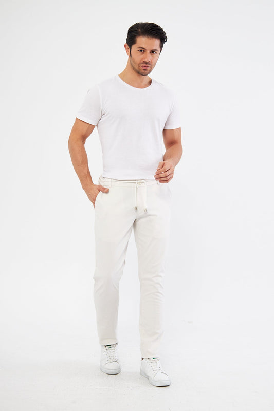Ara Mevsimlik Slim Fit Pamuklu Beli Yarım Lastikli Krem Erkek Pantolon - Rahatlıkta Şıklık
