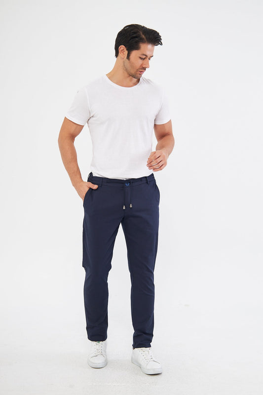 Ara Mevsimlik Slim Fit Pamuklu Beli Yarım Lastikli Koyu Lacivert Erkek Pantolon - Rahatlıkta Şıklık