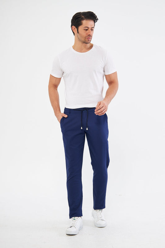 Ara Mevsimlik Slim Fit Pamuklu Beli Yarım Lastikli Açık Lacivert Erkek Pantolon - Rahatlıkta Şıklık
