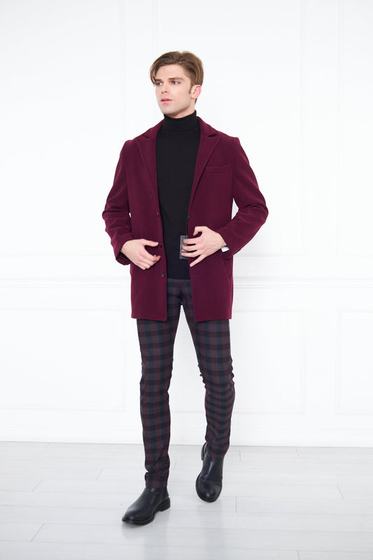Erkek Bordo Slim Fit Sivri Yaka Düğmeli Kaban
