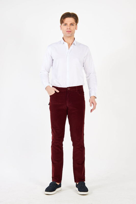 Kadife 5 Cep Regular Fit Bordo Erkek Pantolon