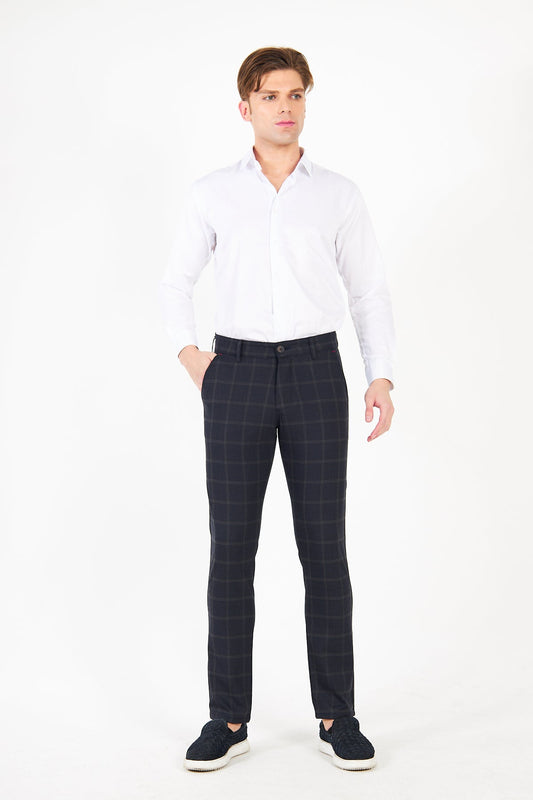 Erkek Kareli Ekose Lacivert Slim Fit Pantolon
