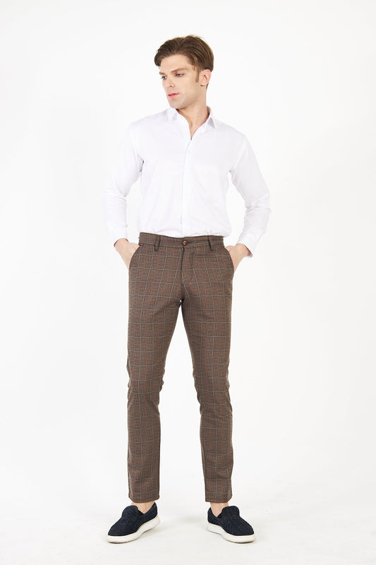 Erkek Kareli Ekose Koyu Bej Slim Fit Pantolon