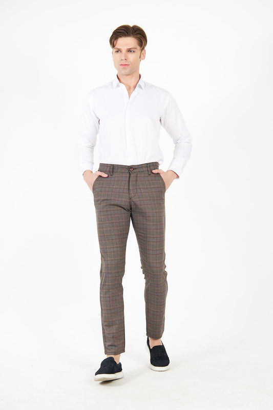 Erkek Kareli Ekose Füme Slim Fit Pantolon
