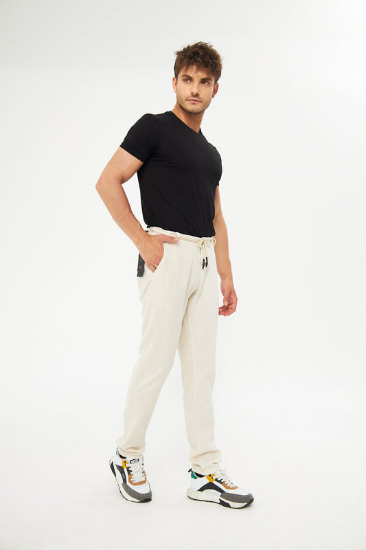 %100 Keten Beli Lastikli Bej Pantolon