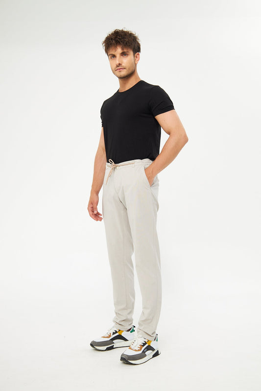 Yazlık Rahat Beli Lastikli Bej Pamuklu Pantolon