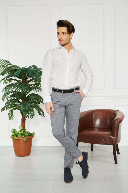 Erkek Kareli Gri Slim Fit Pantolon