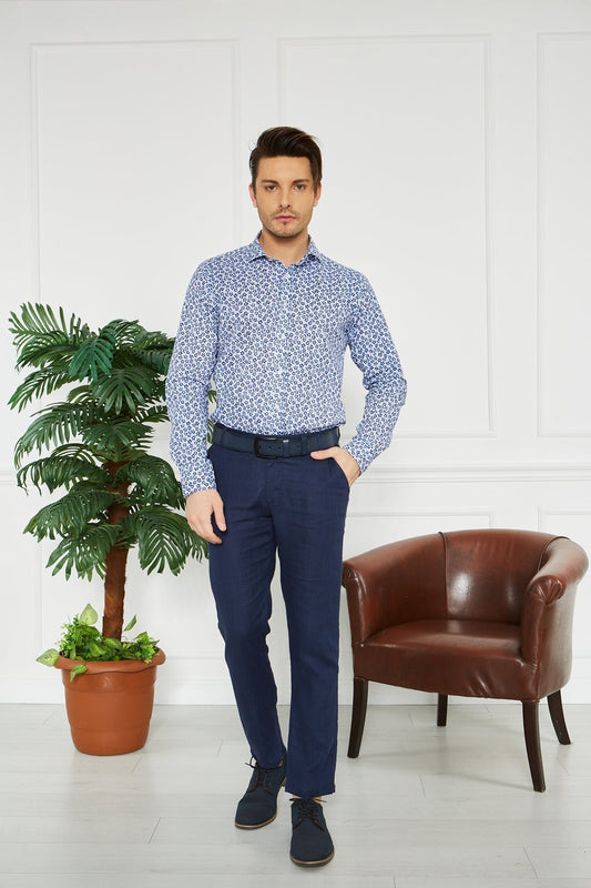 Erkek Düz Lacivert %100 Keten Slim Fit Pantolon