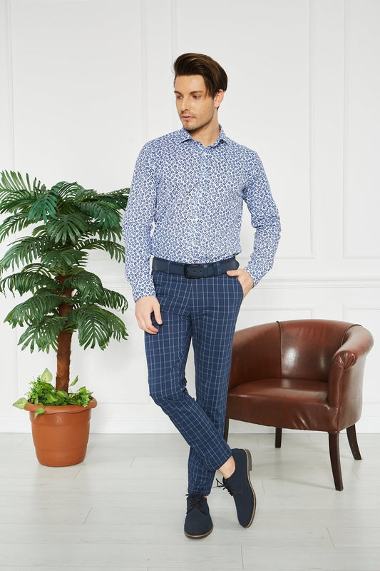 Erkek Kareli Lacivert Slim Fit Pantolon