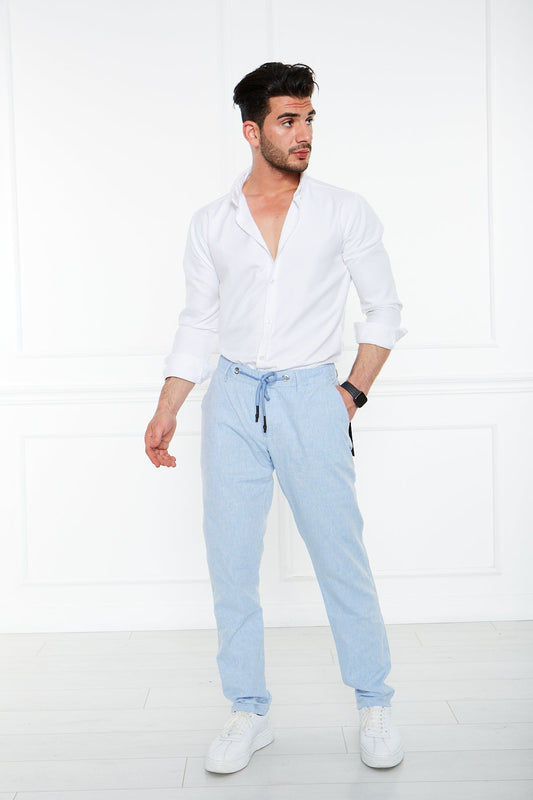 Açık Lacivert Kırçıllı %100 Keten Beli Lastikli Pantolon