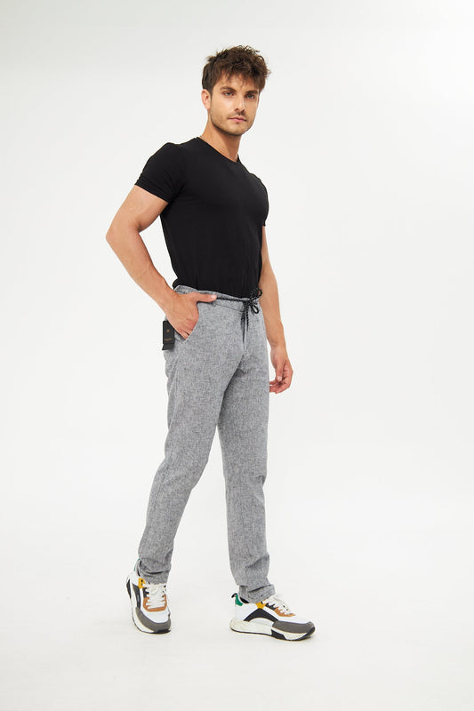 %100 Keten Beli Lastikli Siyah Pantolon