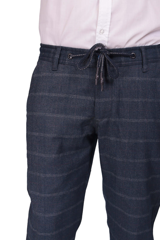 Erkek Kareli Lacivert Lastikli Yumuşak Kumaşlı Pantolon
