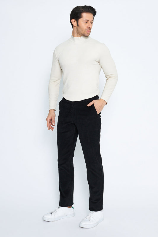Kadife Yandan Cepli Siyah Regular Fit Erkek Pamuklu Pantolon
