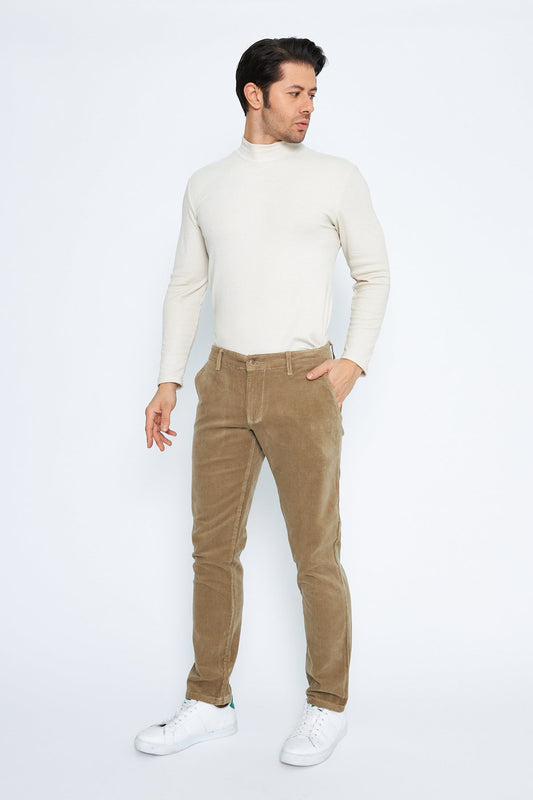 Kadife Yandan Cepli Bej Regular Fit Erkek Pamuklu Pantolon
