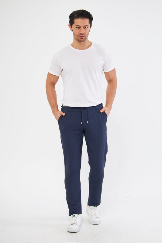 Yazlık Slim Fit Pamuklu Yarım Lastikli Koyu Lacivert Erkek Pantolon - Rahatlıkta Şıklık