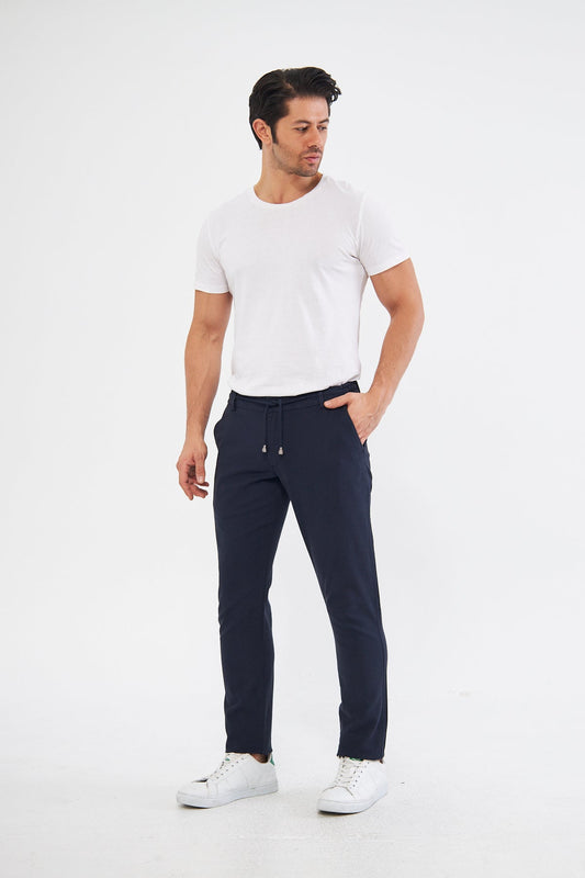 Yazlık Slim Fit Pamuklu Yarım Lastikli Açık Lacivert Erkek Pantolon - Rahatlıkta Şıklık