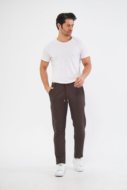 Yazlık Slim Fit Pamuklu Yarım Lastikli Kahverengi Erkek Pantolon - Rahatlıkta Şıklık