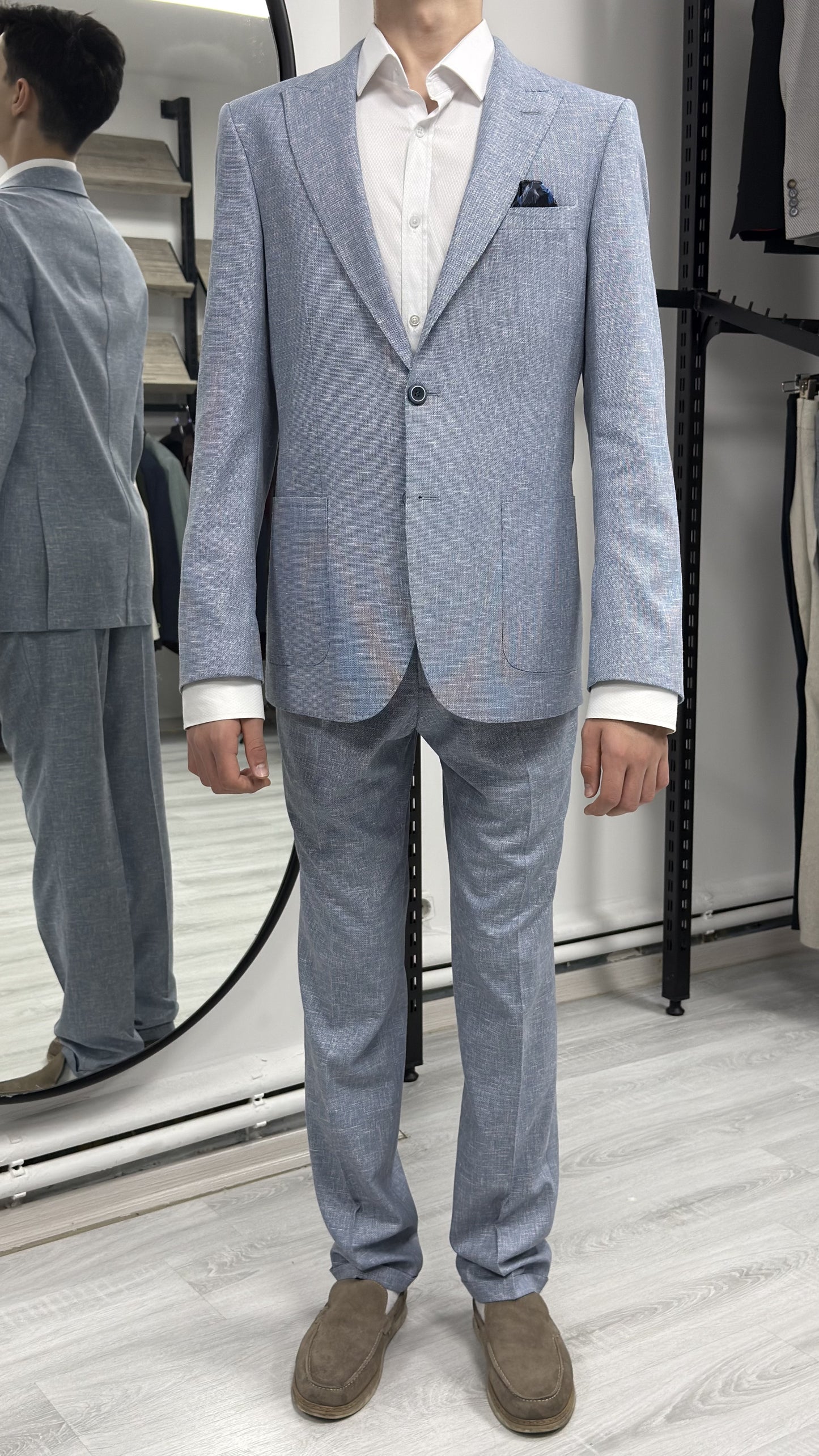 Açık Mavi %100 Keten Sivri Yaka Slim Fit 2'li Takım Elbise (Ceket + Pantolon)