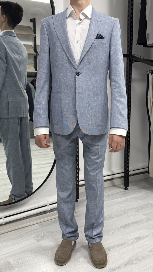 Açık Mavi %100 Keten Sivri Yaka Slim Fit 2'li Takım Elbise (Ceket + Pantolon)