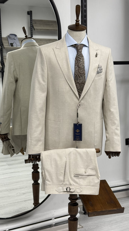 Bej %100 Keten Sivri Yaka Slim Fit 2'li Takım Elbise (Ceket + Pantolon)