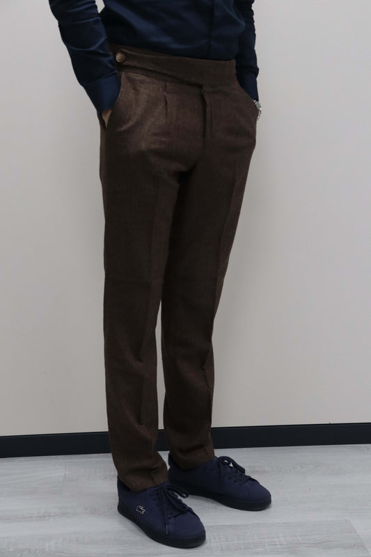 Daniel Voi Koyu Kahverengi İtalyan Kesim Yan Düğmeli Pileli Şık Kumaş Pantolon