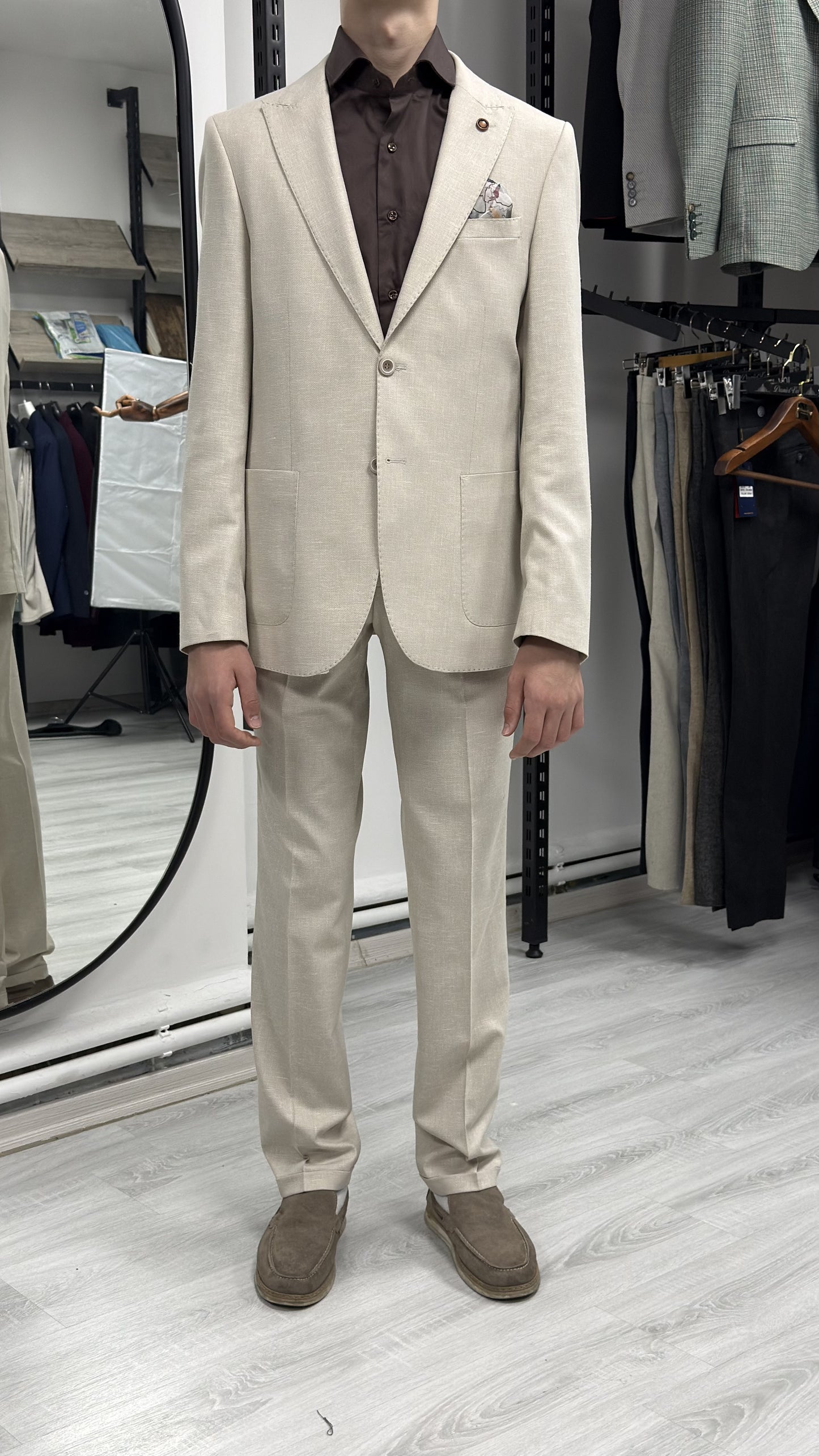 Bej %100 Keten Sivri Yaka Slim Fit 2'li Takım Elbise (Ceket + Pantolon)