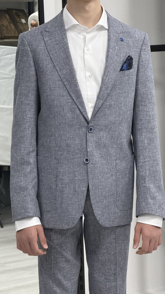 Gri %100 Keten Sivri Yaka Slim Fit 2'li Takım Elbise (Ceket + Pantolon)