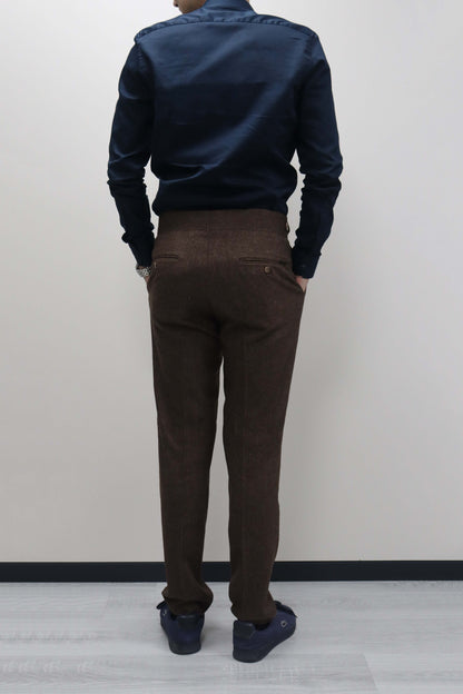 Daniel Voi Koyu Kahverengi İtalyan Kesim Yan Düğmeli Pileli Şık Kumaş Pantolon