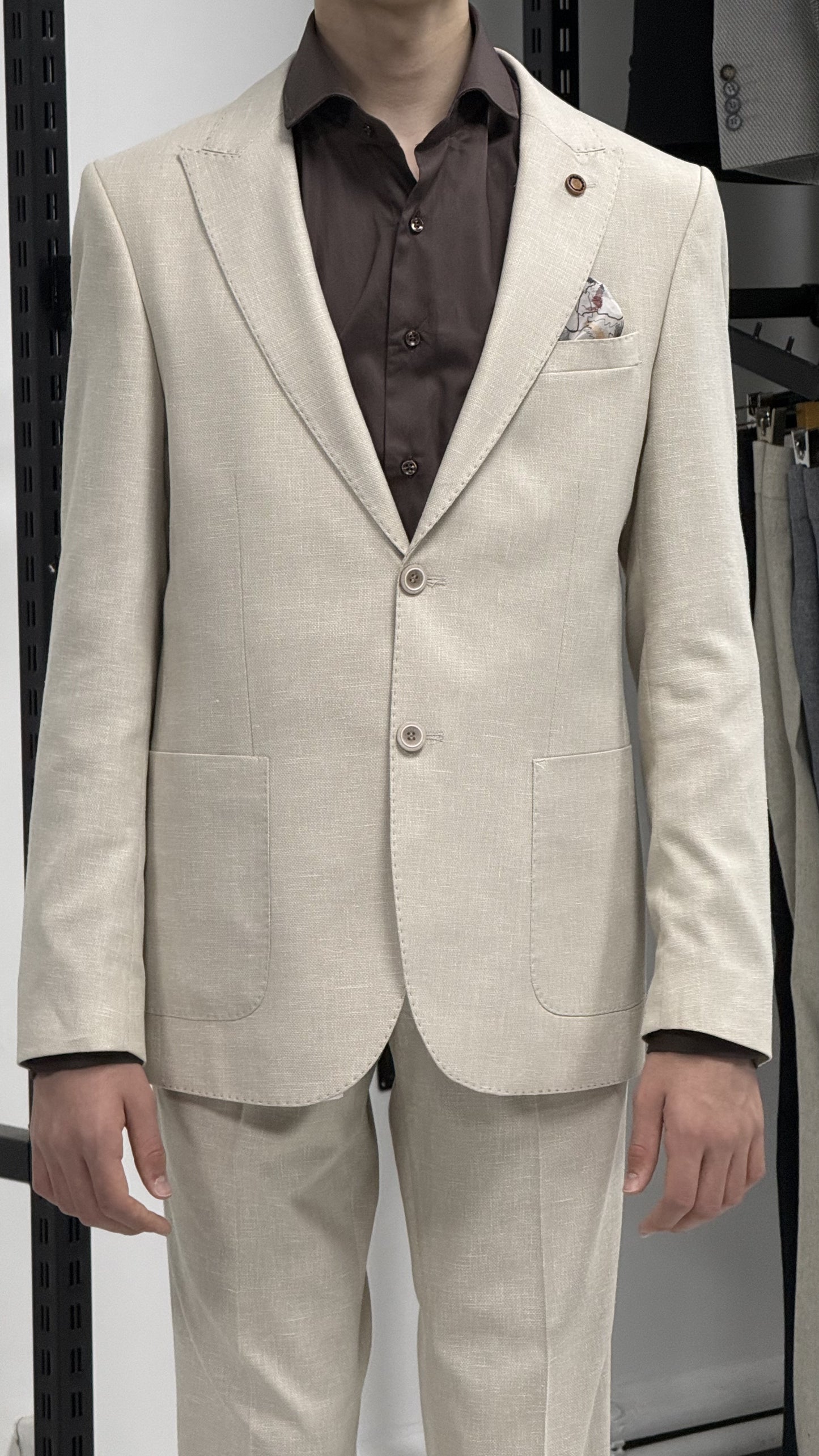 Bej %100 Keten Sivri Yaka Slim Fit 2'li Takım Elbise (Ceket + Pantolon)