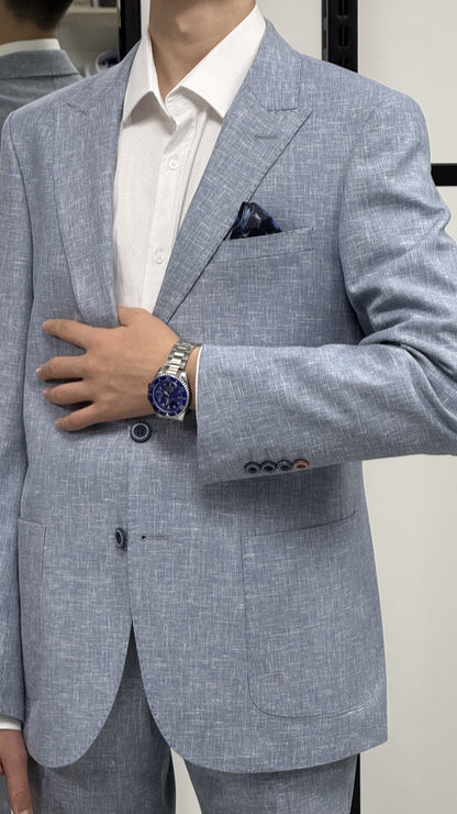 Açık Mavi %100 Keten Sivri Yaka Slim Fit 2'li Takım Elbise (Ceket + Pantolon)