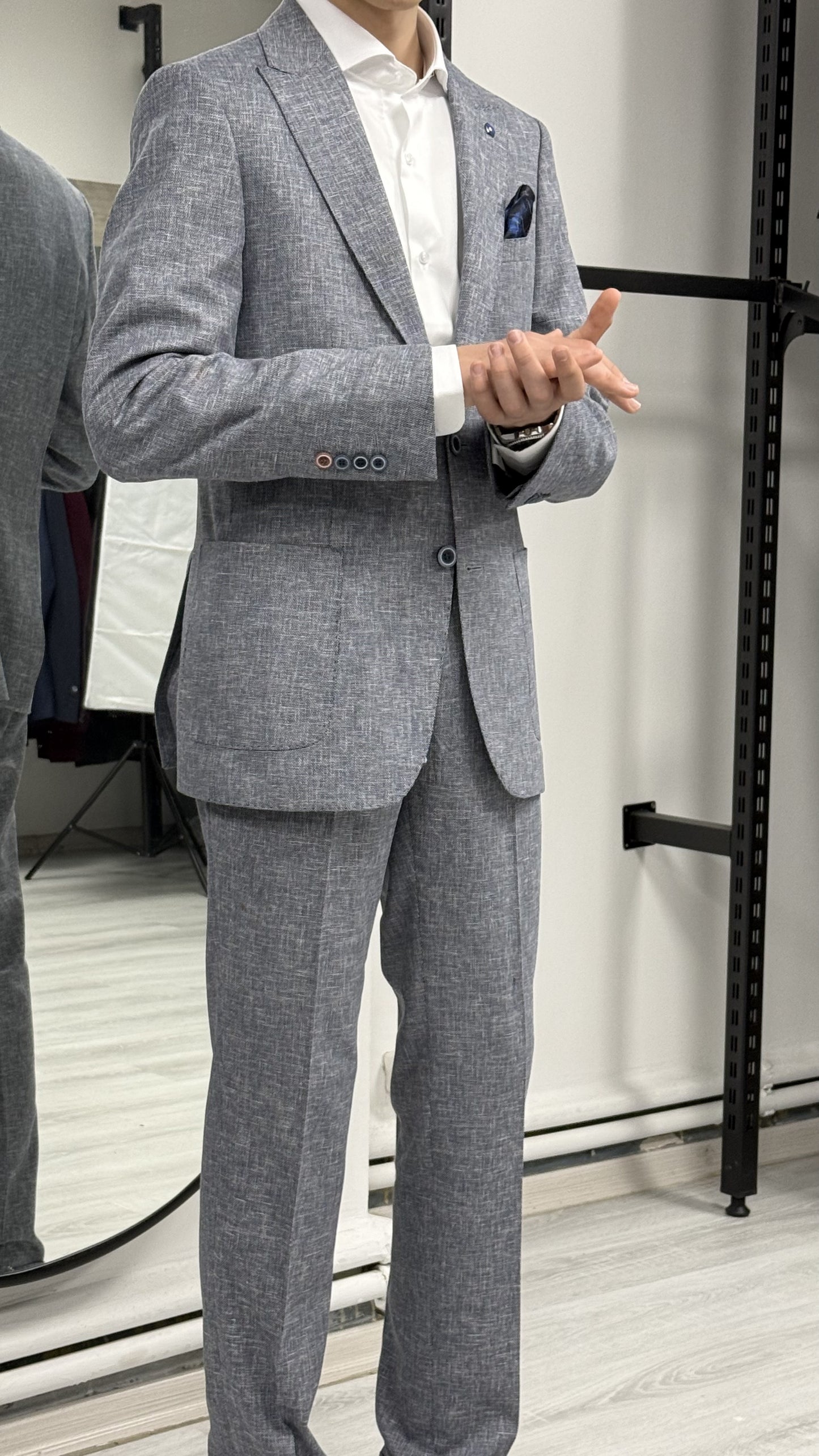 Gri %100 Keten Sivri Yaka Slim Fit 2'li Takım Elbise (Ceket + Pantolon)