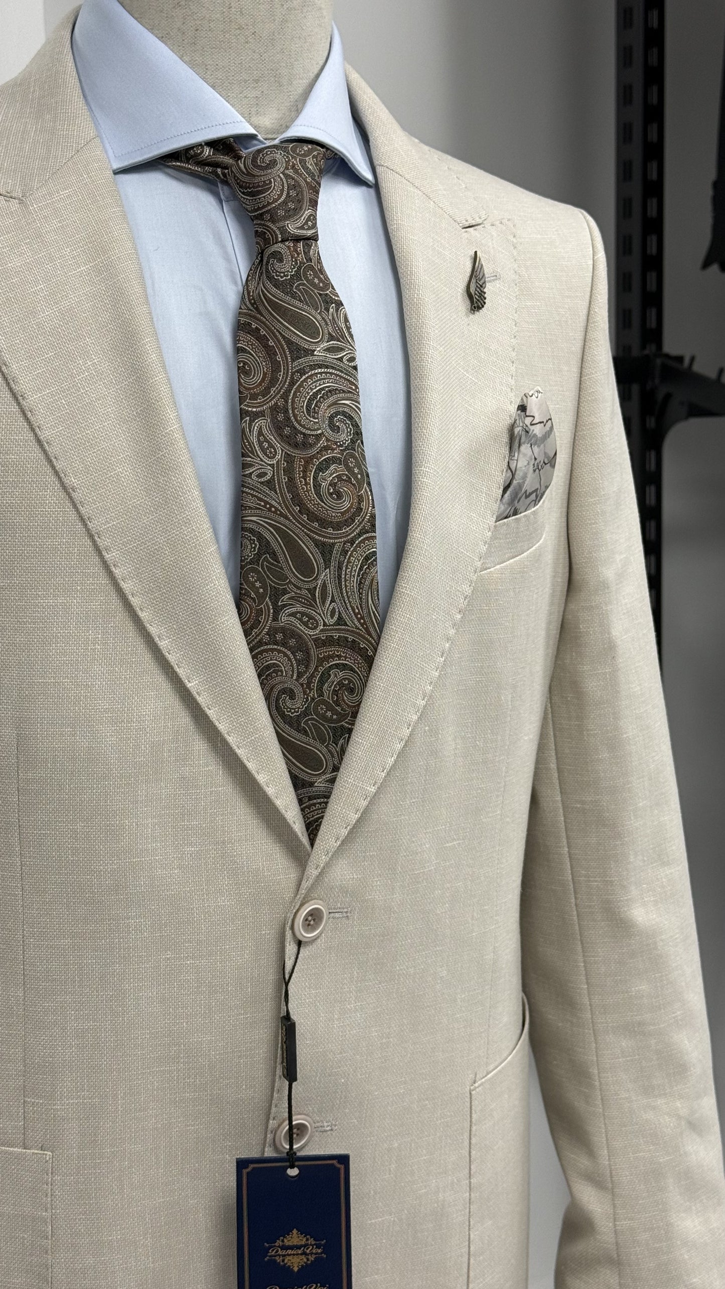 Bej %100 Keten Sivri Yaka Slim Fit 2'li Takım Elbise (Ceket + Pantolon)