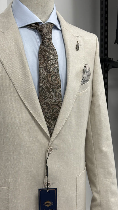Bej %100 Keten Sivri Yaka Slim Fit 2'li Takım Elbise (Ceket + Pantolon)