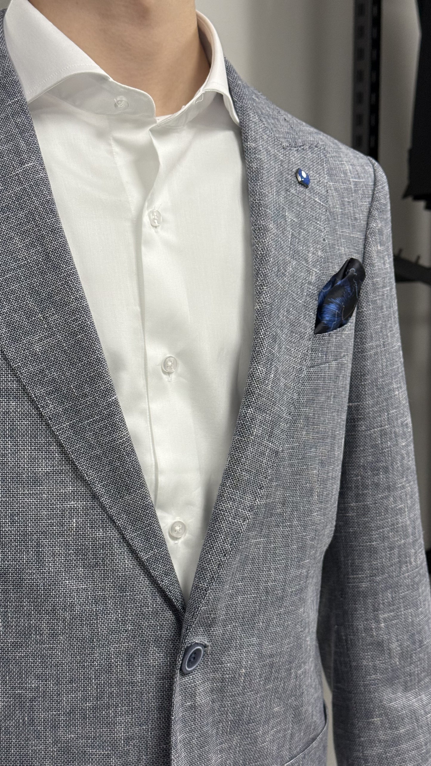 Gri %100 Keten Sivri Yaka Slim Fit 2'li Takım Elbise (Ceket + Pantolon)