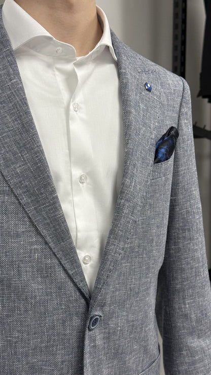 Gri %100 Keten Sivri Yaka Slim Fit 2'li Takım Elbise (Ceket + Pantolon)
