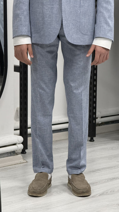 Açık Mavi %100 Keten Sivri Yaka Slim Fit 2'li Takım Elbise (Ceket + Pantolon)
