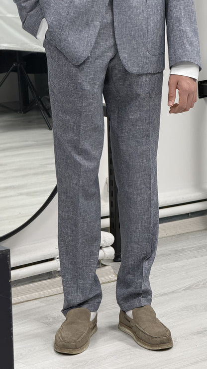Gri %100 Keten Sivri Yaka Slim Fit 2'li Takım Elbise (Ceket + Pantolon)